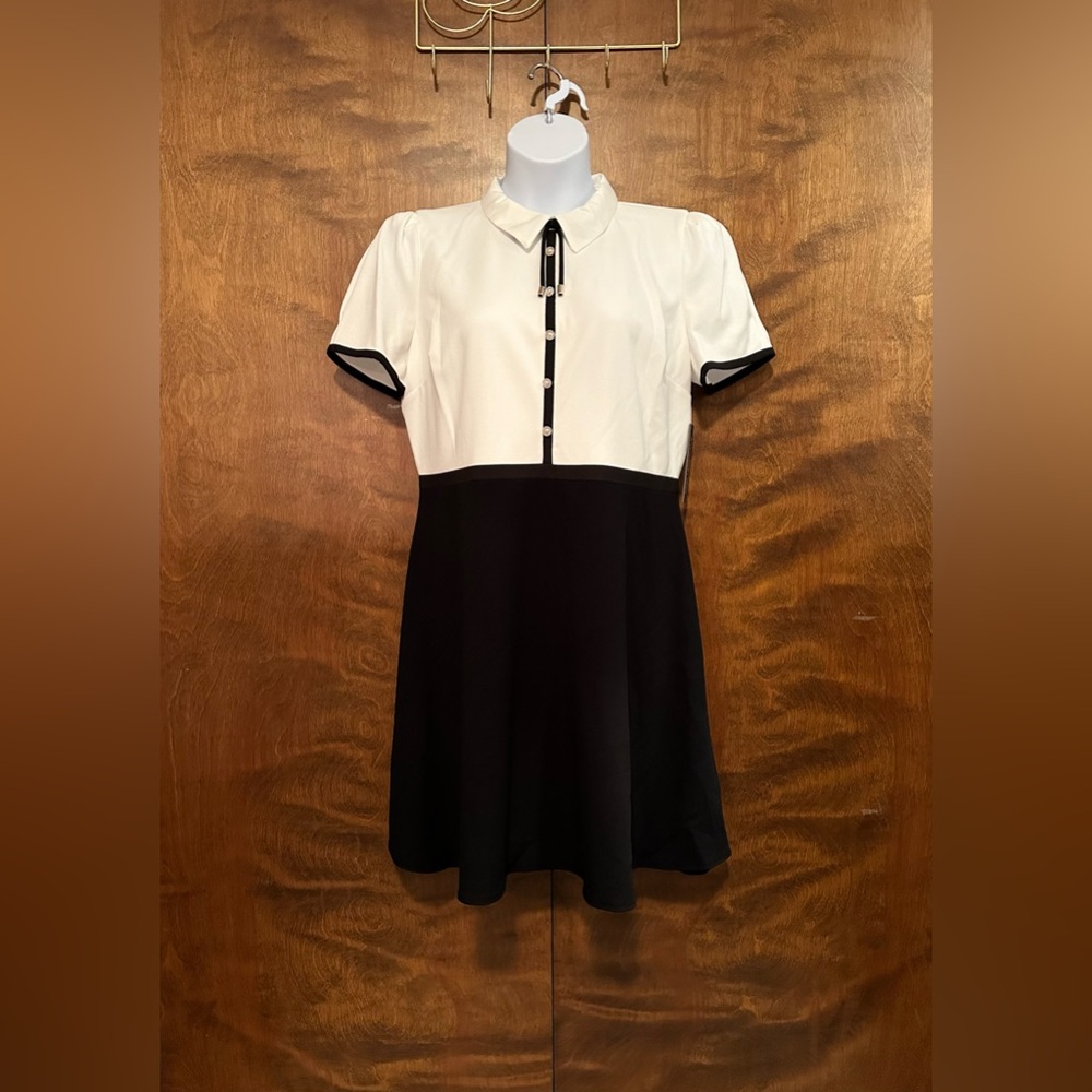 Karl Lagerfeld Short Sleeve Contrast Trim Mini Dress Womens 14 Black & White NWT